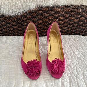 .J. Crew fuchsia suede pom pom heels
